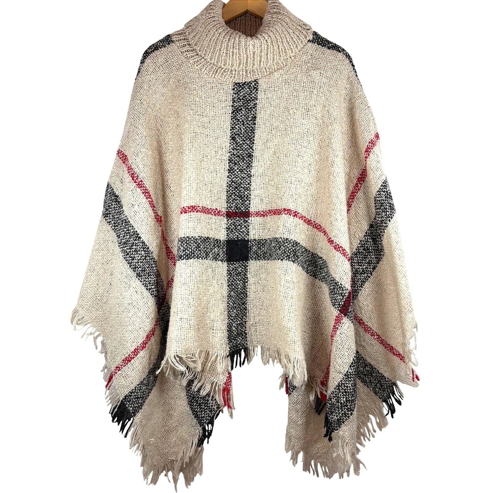 Unbranded Plaid Turtleneck Poncho Beige Black Red Fringe Trim One Size